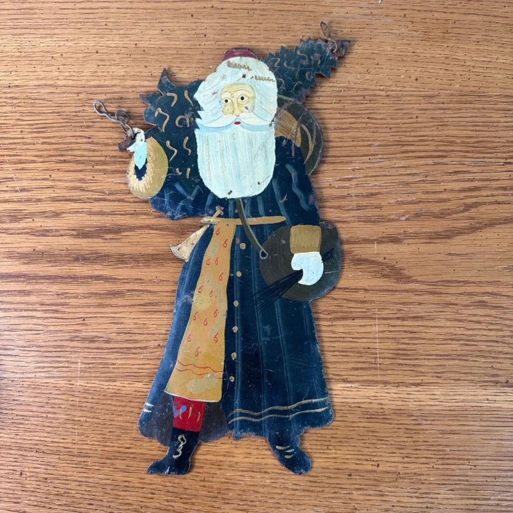 Vintage Hand Painted‎ Santa Claus Christmas Decoration Metal Hanging Decor